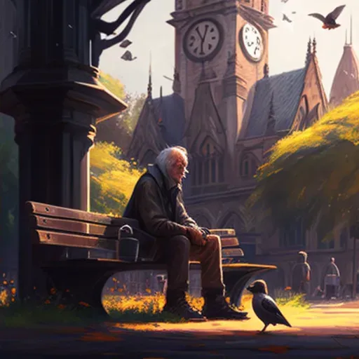 Elderly man feeding birds near clock tower in park - Image 2