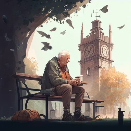 Elderly man feeding birds near clock tower in park - Image 3