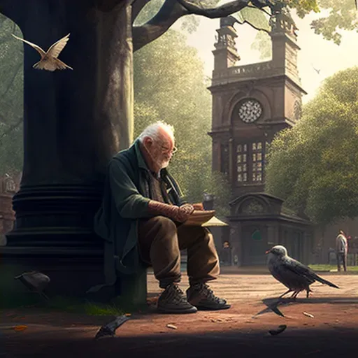 Elderly man feeding birds near clock tower in park - Image 4