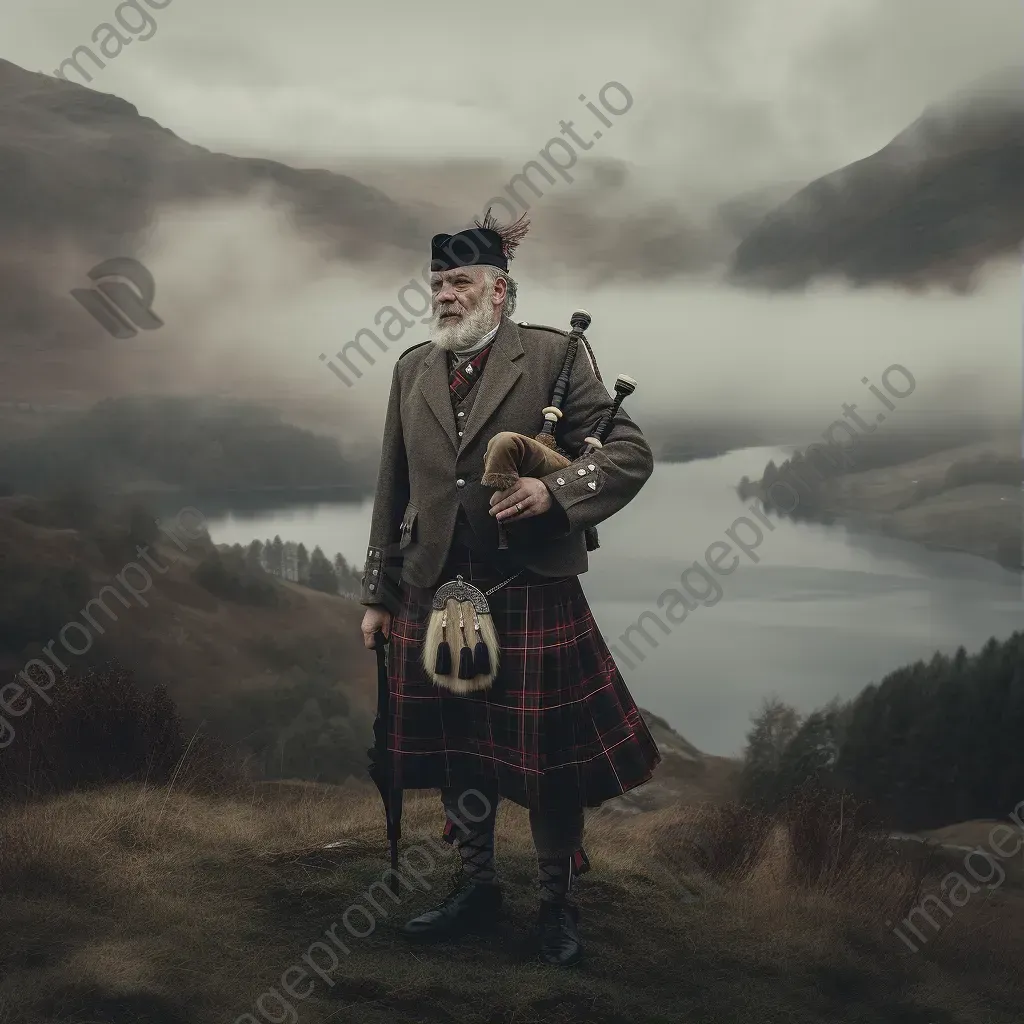 Man in Scottish Highland traditional attire with tartan kilt and bagpipes overlooking misty lochs and rolling hills. - Image 1