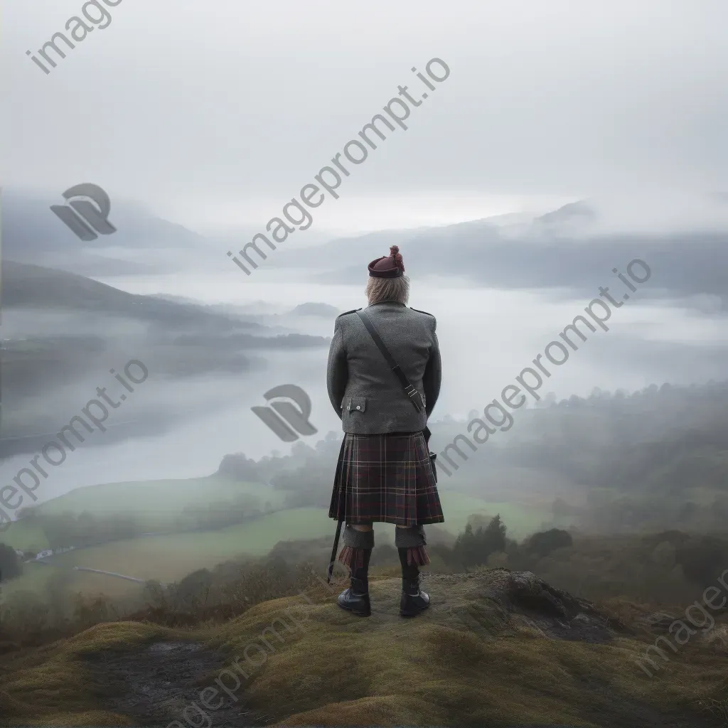 Man in Scottish Highland traditional attire with tartan kilt and bagpipes overlooking misty lochs and rolling hills. - Image 2