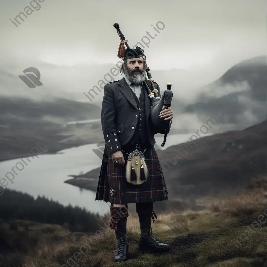 Man in Scottish Highland traditional attire with tartan kilt and bagpipes overlooking misty lochs and rolling hills. - Image 3