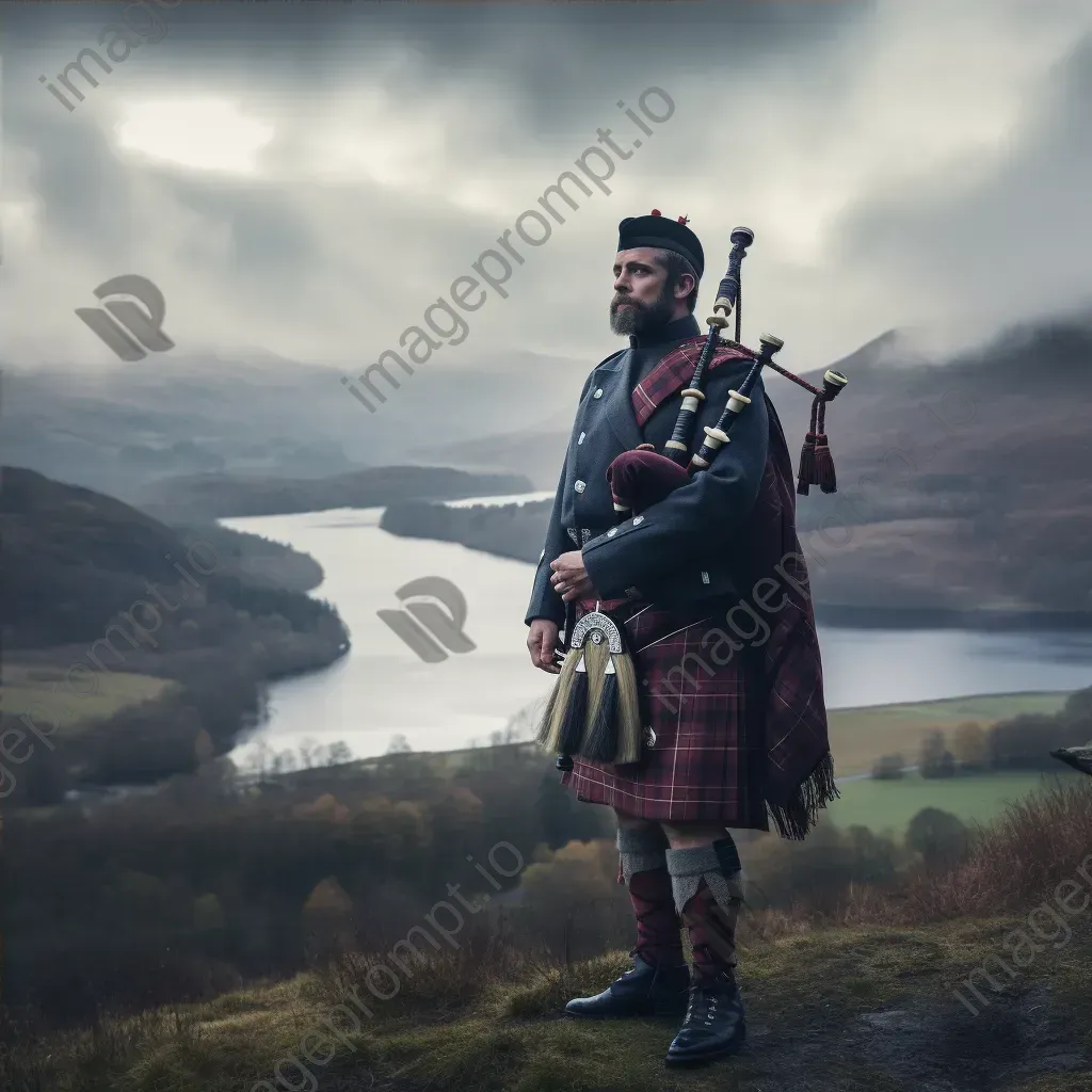 Man in Scottish Highland traditional attire with tartan kilt and bagpipes overlooking misty lochs and rolling hills. - Image 4