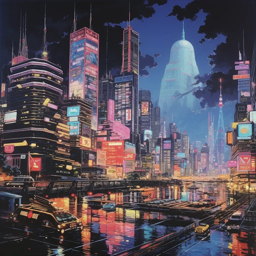 Neon-Lit Cyberpunk Cityscape with Skyscrapers and Flying Cars - Image 2