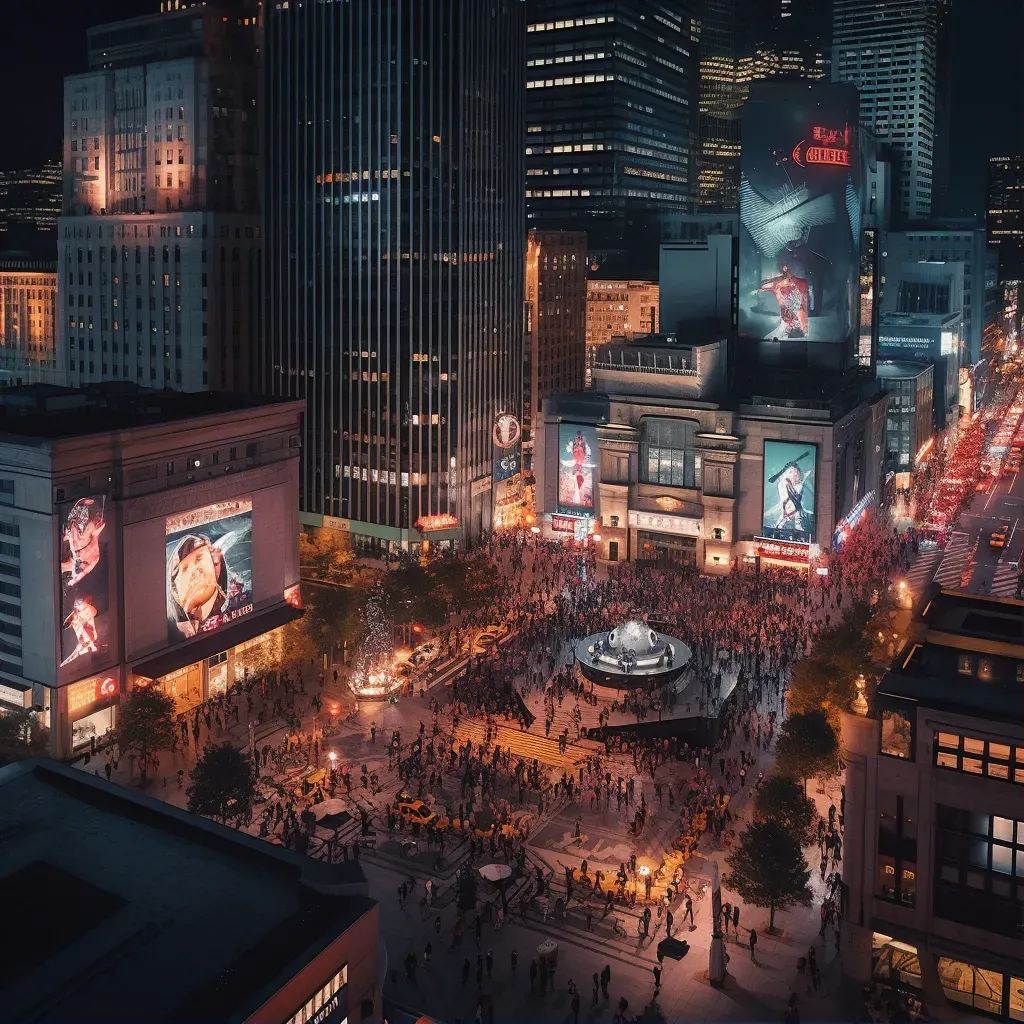 Busy city square at night with glowing skyscrapers and city lights - Image 1