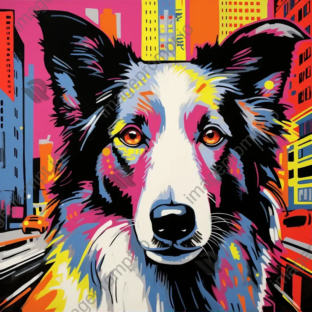 Pop Art style painting of a dog against a vibrant city street - Image 1