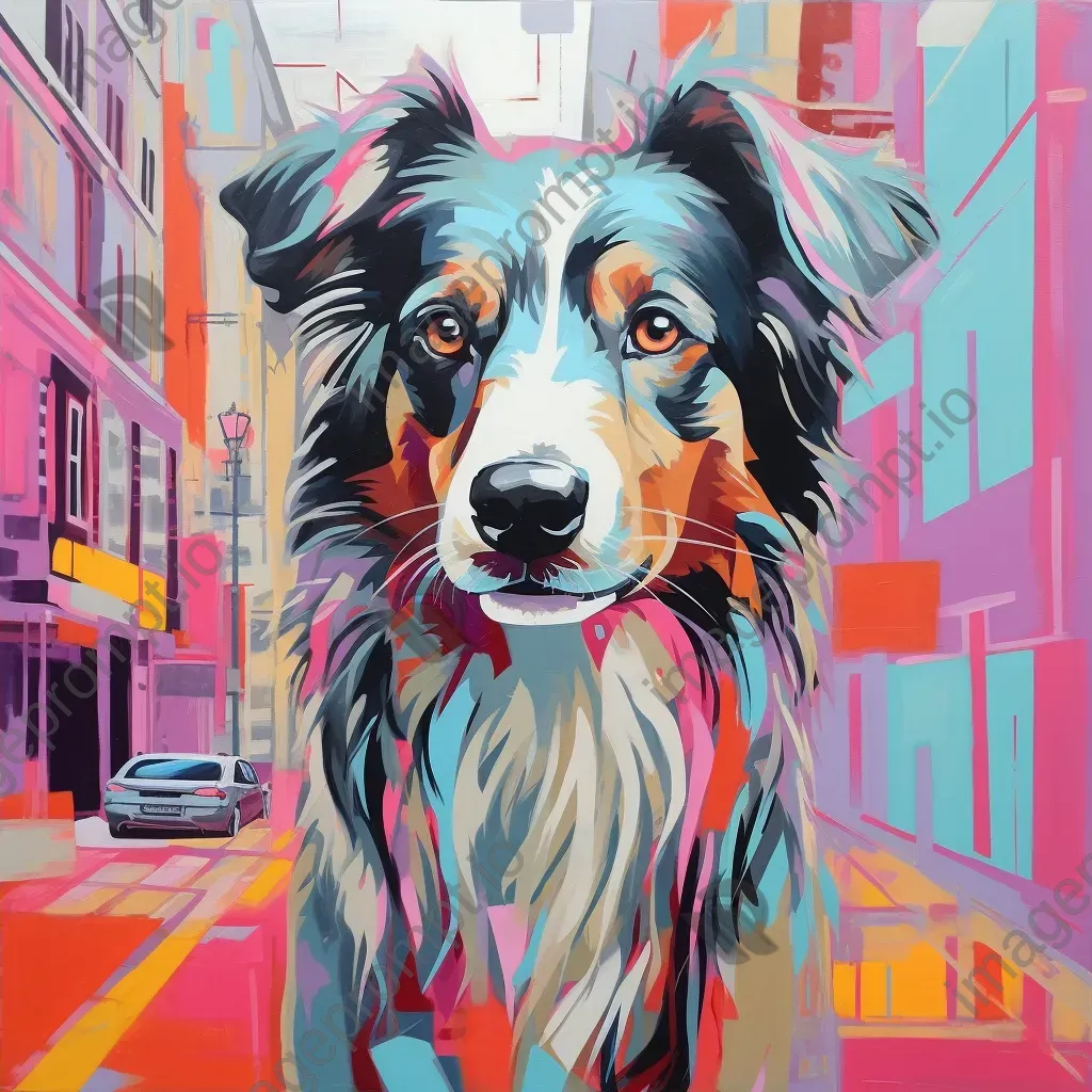 Pop Art style painting of a dog against a vibrant city street - Image 4