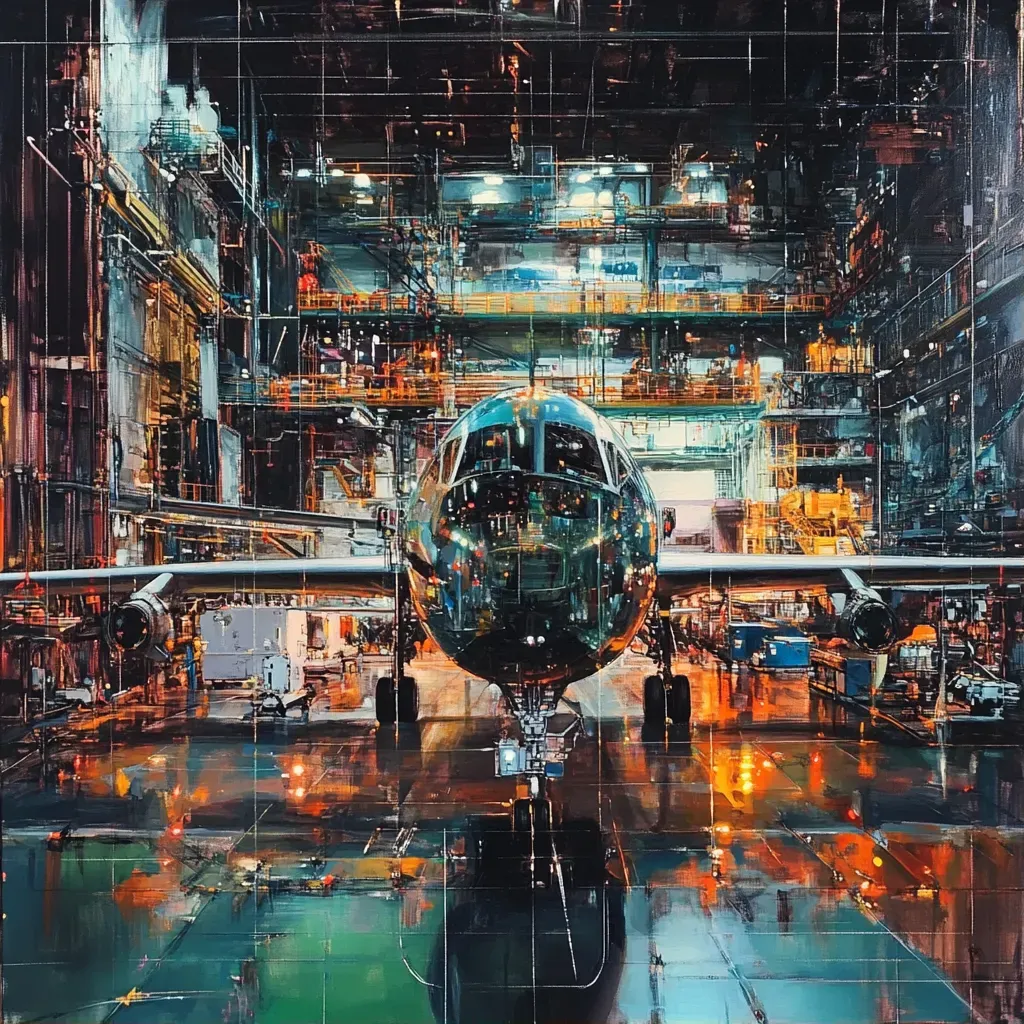 Futuristic drone factory scene with sleek surfaces and gleaming metal in capitalist realism style, influenced by Gerhard Richter - Image 1