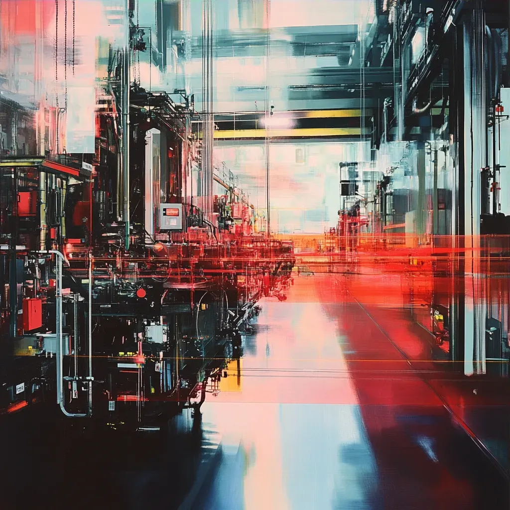 Futuristic drone factory scene with sleek surfaces and gleaming metal in capitalist realism style, influenced by Gerhard Richter - Image 3