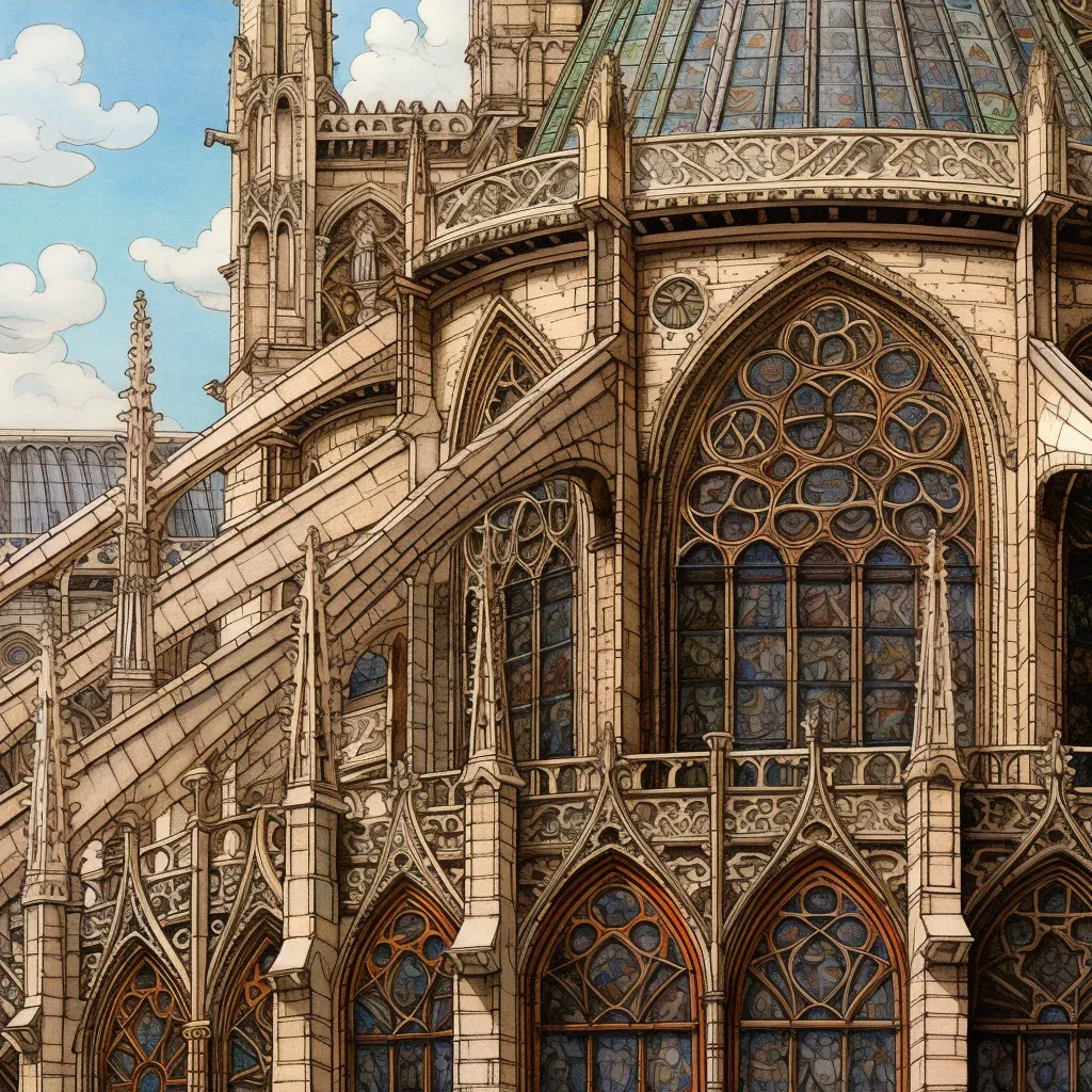 Detailed illustration of Gothic architecture with flying buttresses and stained glass windows - Image 3