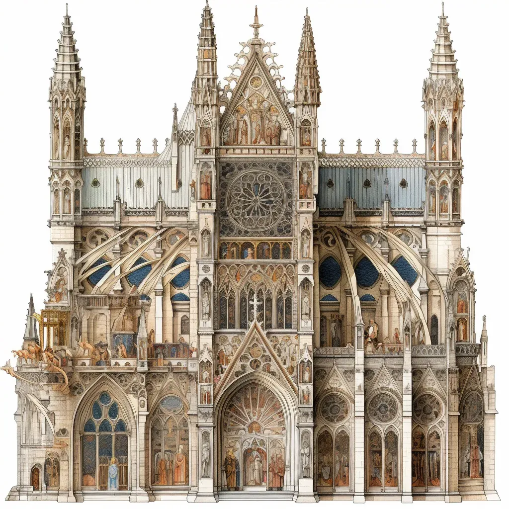 Detailed illustration of Gothic architecture with flying buttresses and stained glass windows - Image 4