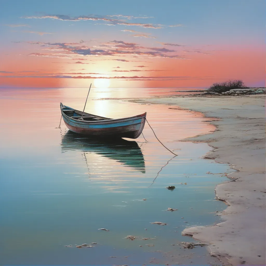 Tranquil sunrise beach scene with a boat anchored near the shore - Image 1