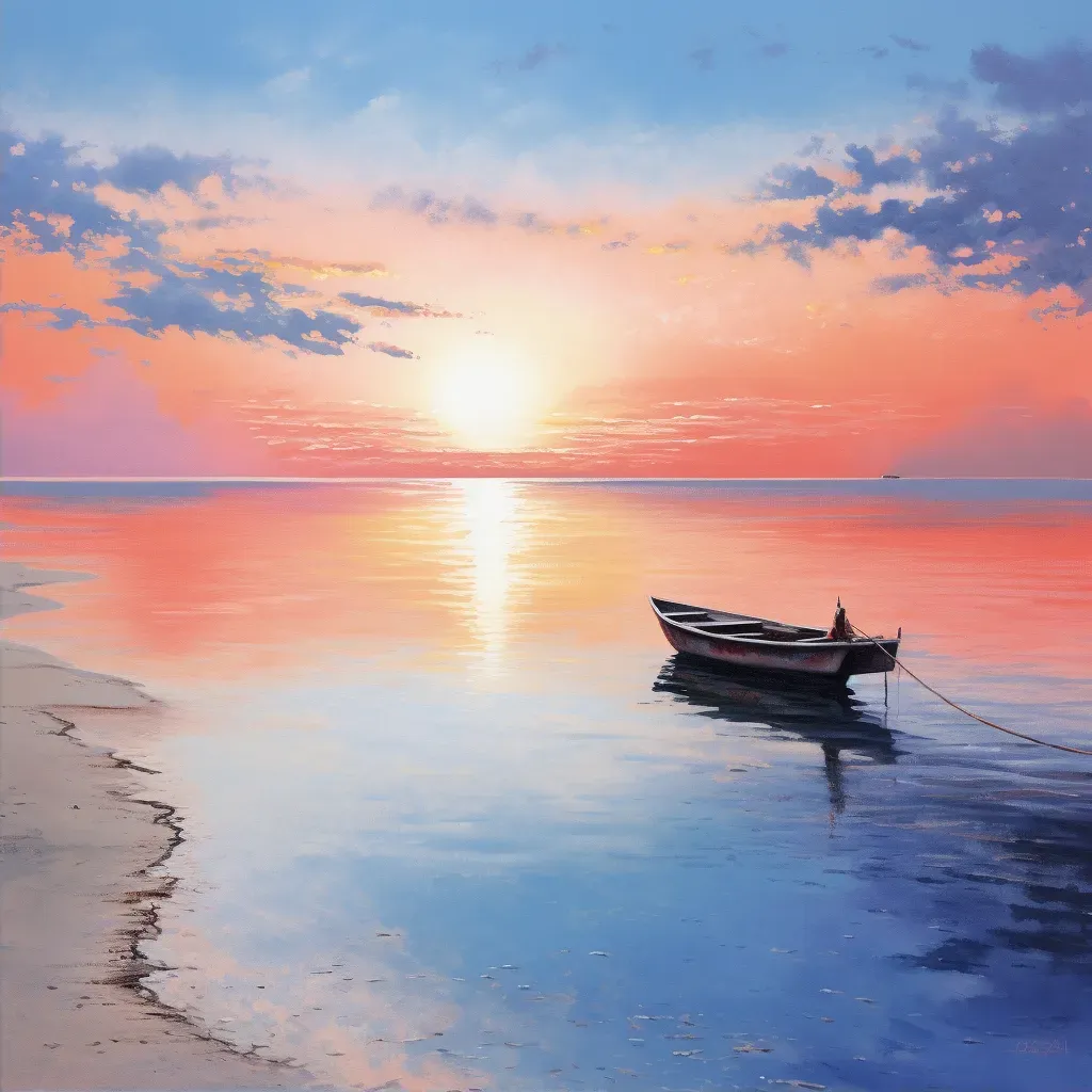 Tranquil sunrise beach scene with a boat anchored near the shore - Image 2