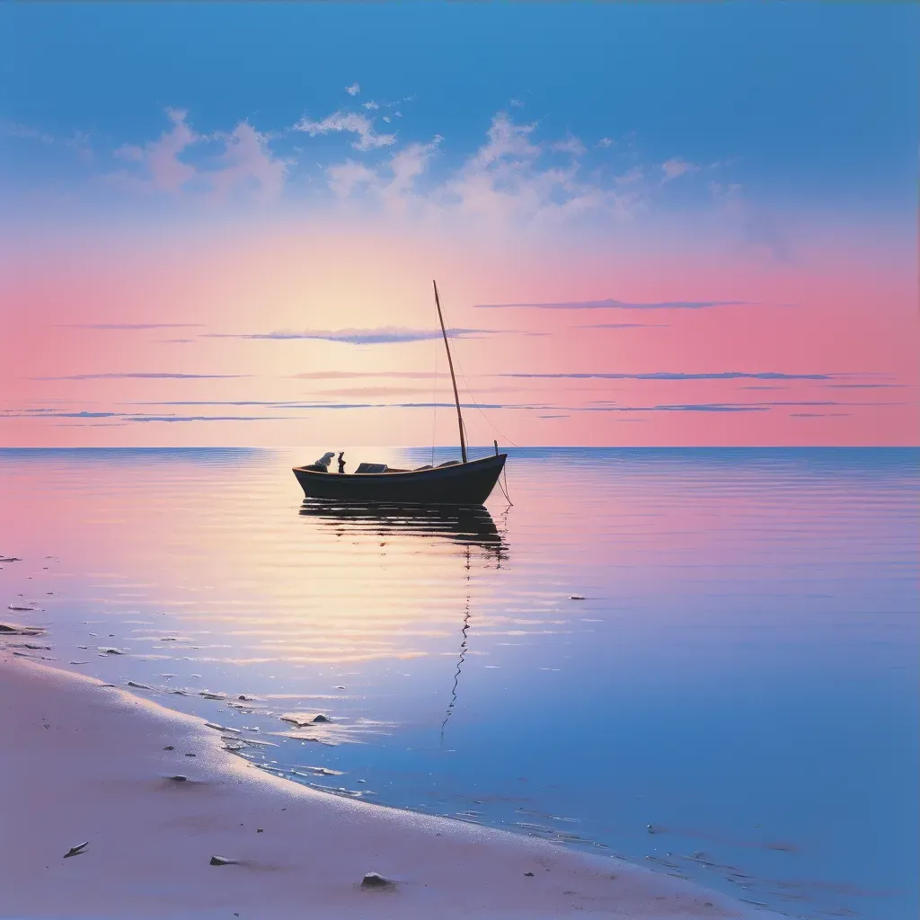 Tranquil sunrise beach scene with a boat anchored near the shore - Image 3