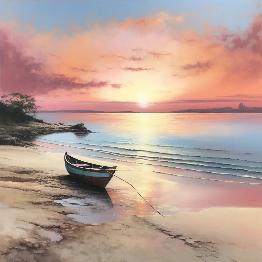 Tranquil sunrise beach scene with a boat anchored near the shore - Image 4