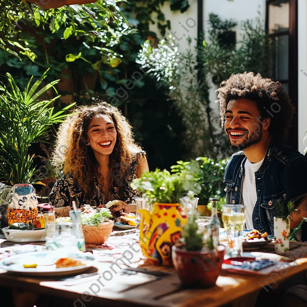 Outdoor brunch gathering with friends laughing and sharing food - Image 1