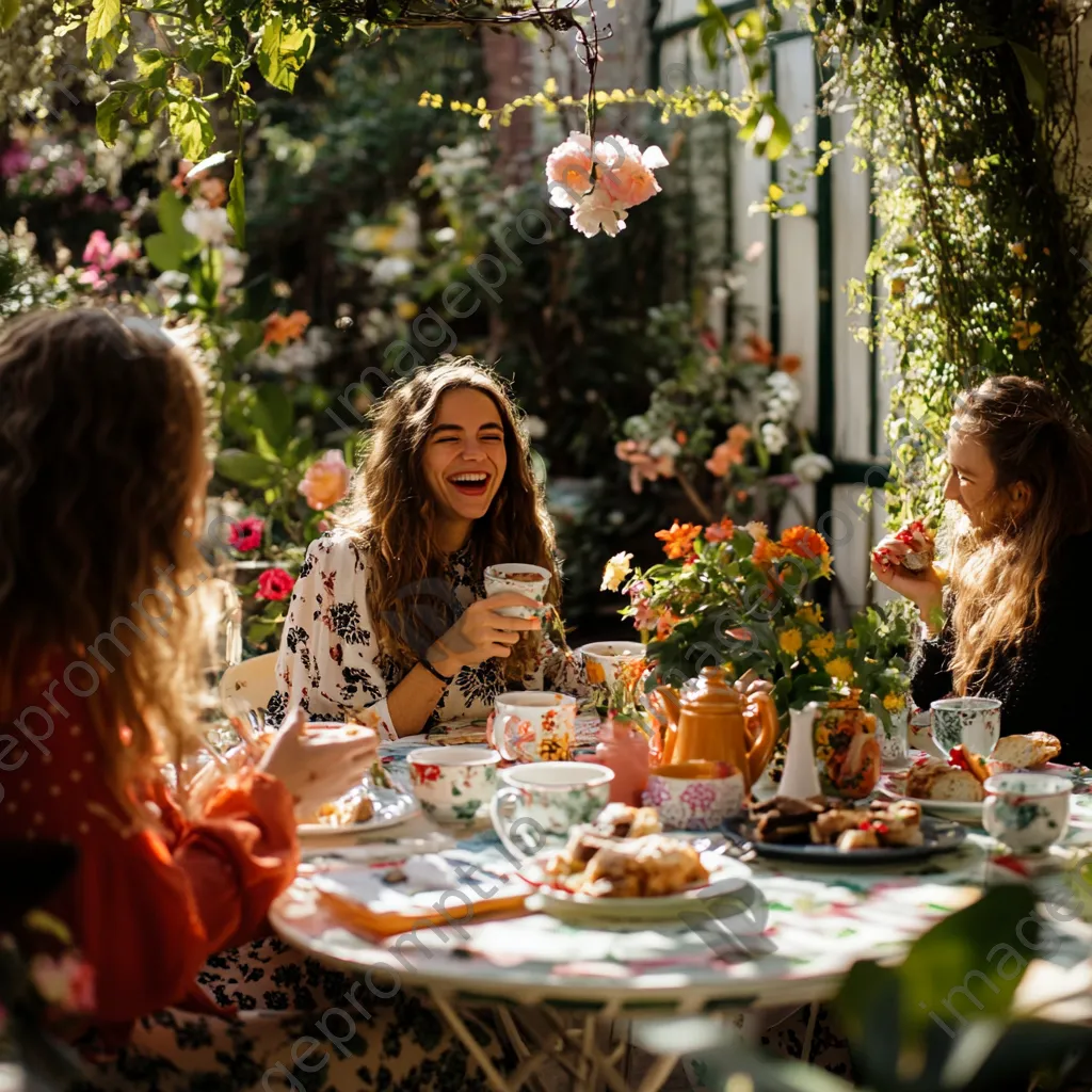 Outdoor brunch gathering with friends laughing and sharing food - Image 2