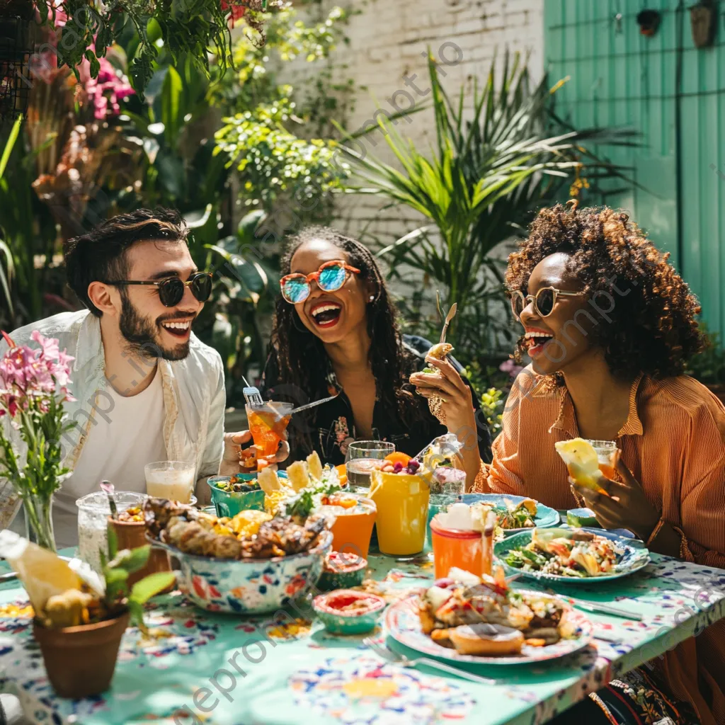 Outdoor brunch gathering with friends laughing and sharing food - Image 3