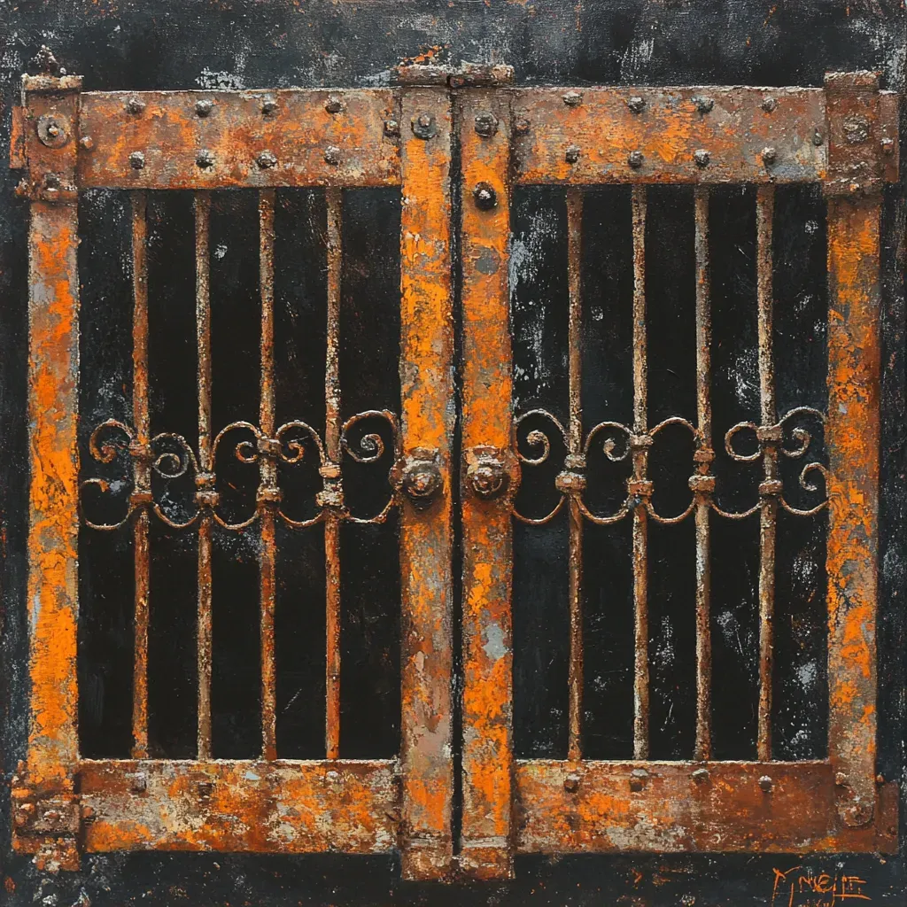 Artwork showing intricate texture and rustic charm of an aged wrought iron gate - Image 1