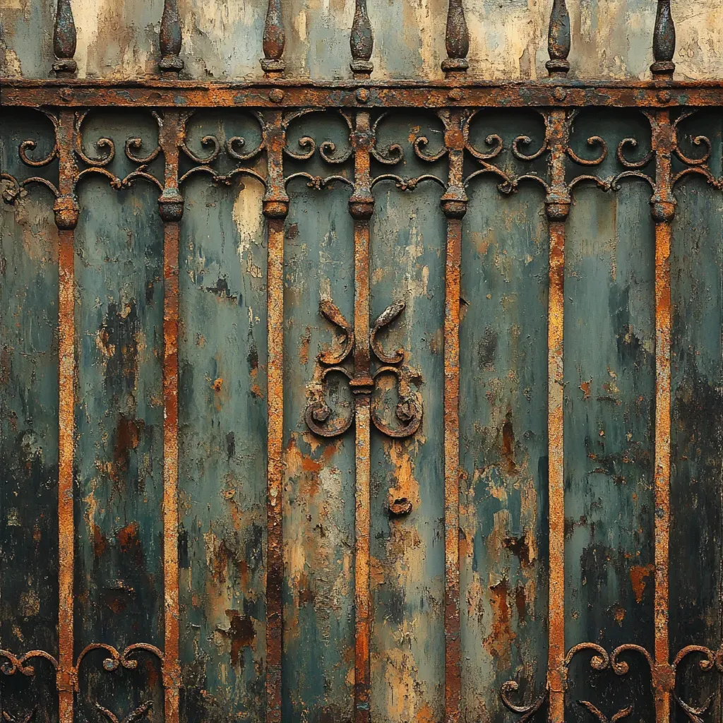 Artwork showing intricate texture and rustic charm of an aged wrought iron gate - Image 2