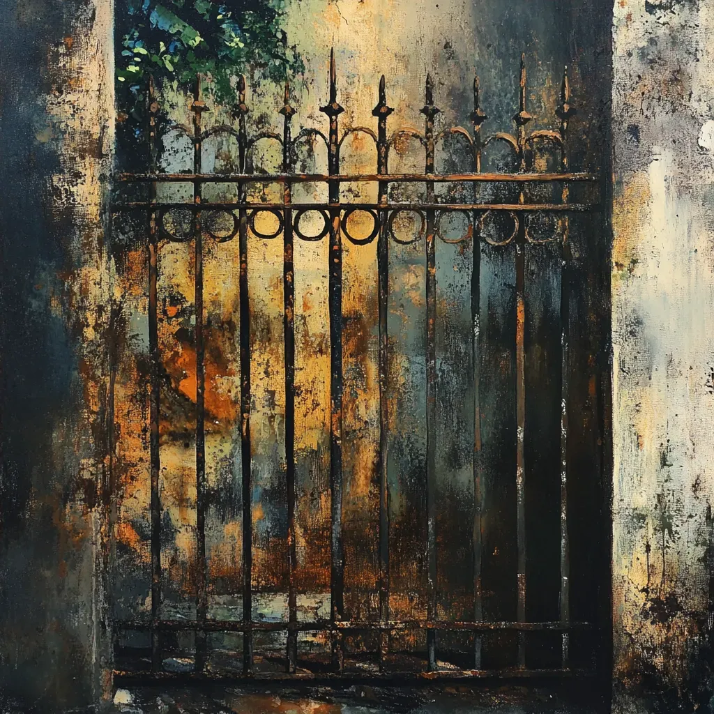 Artwork showing intricate texture and rustic charm of an aged wrought iron gate - Image 4