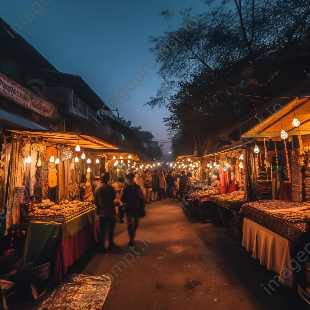 Lively street market at dusk with handmade goods and glowing lanterns, creating a warm inviting scene. - Image 1