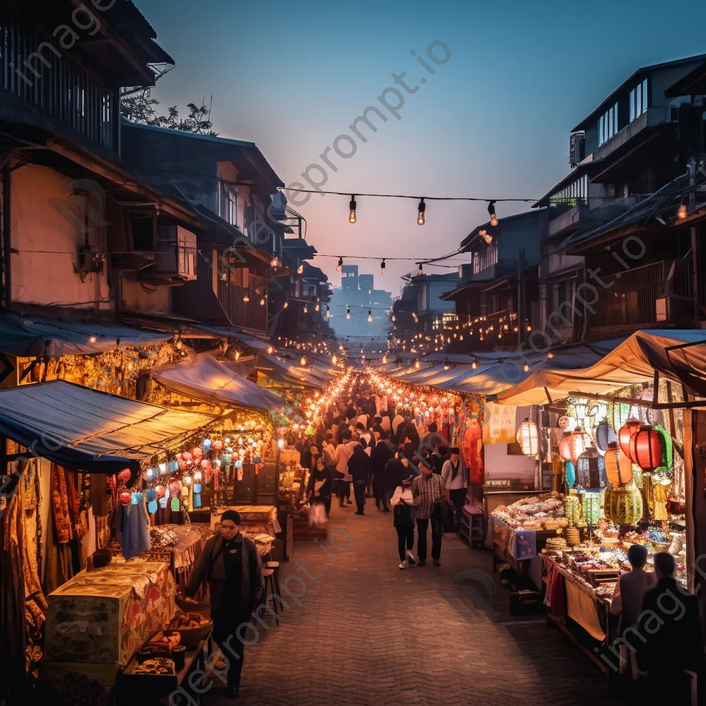 Lively street market at dusk with handmade goods and glowing lanterns, creating a warm inviting scene. - Image 3