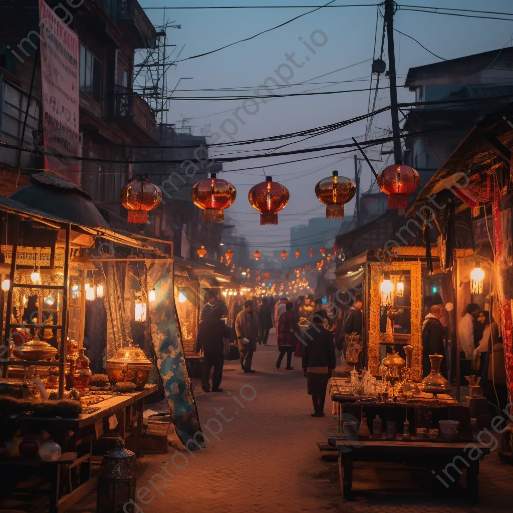 Lively street market at dusk with handmade goods and glowing lanterns, creating a warm inviting scene. - Image 4