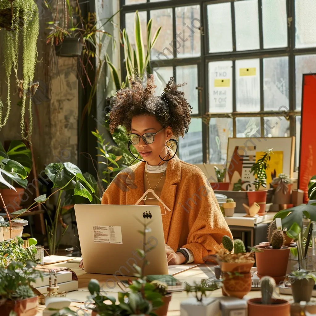 Woman editing online shop content on her laptop in a contemporary workspace. - Image 1