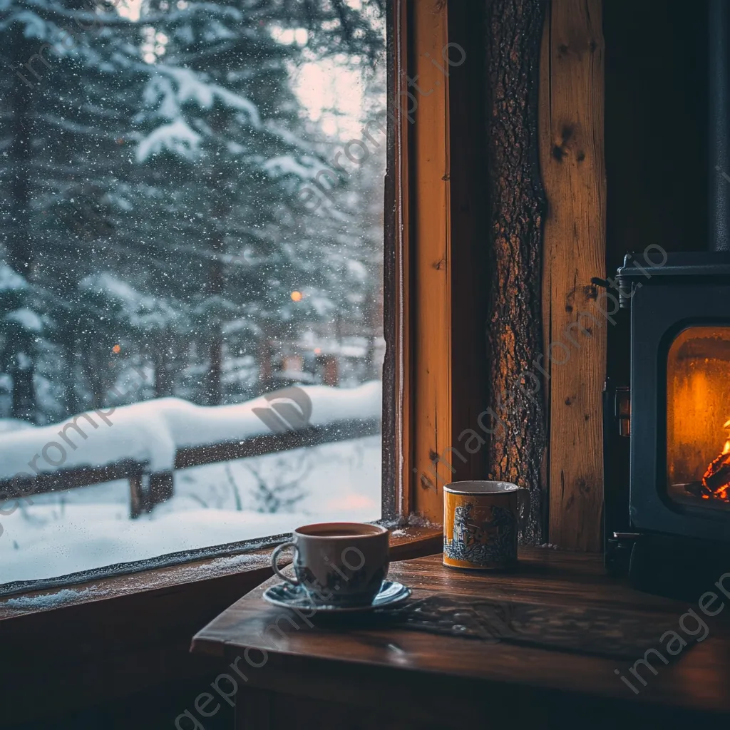 Cozy winter cabin with falling snow and hot cocoa - Image 1