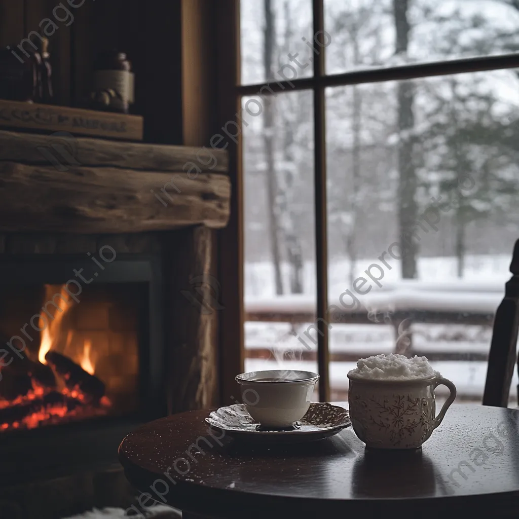 Cozy winter cabin with falling snow and hot cocoa - Image 2