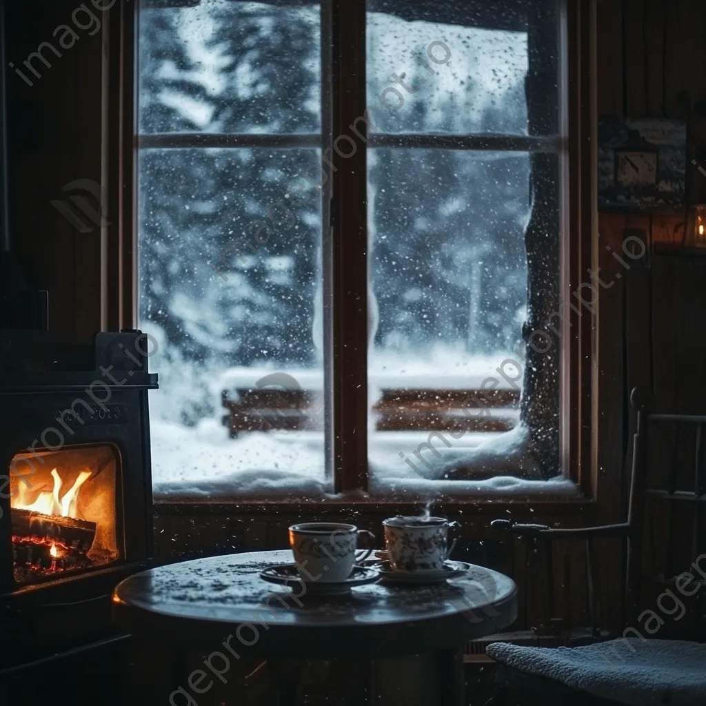 Cozy winter cabin with falling snow and hot cocoa - Image 3