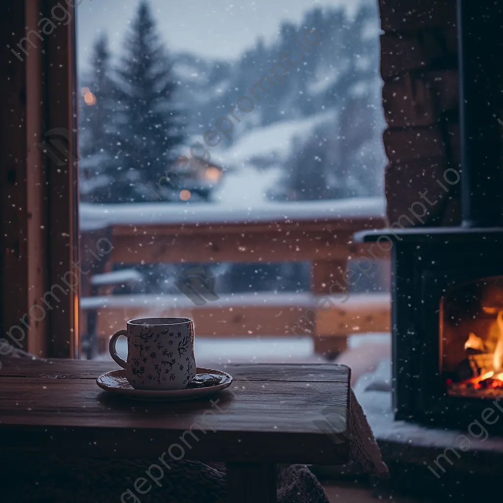 Cozy winter cabin with falling snow and hot cocoa - Image 4