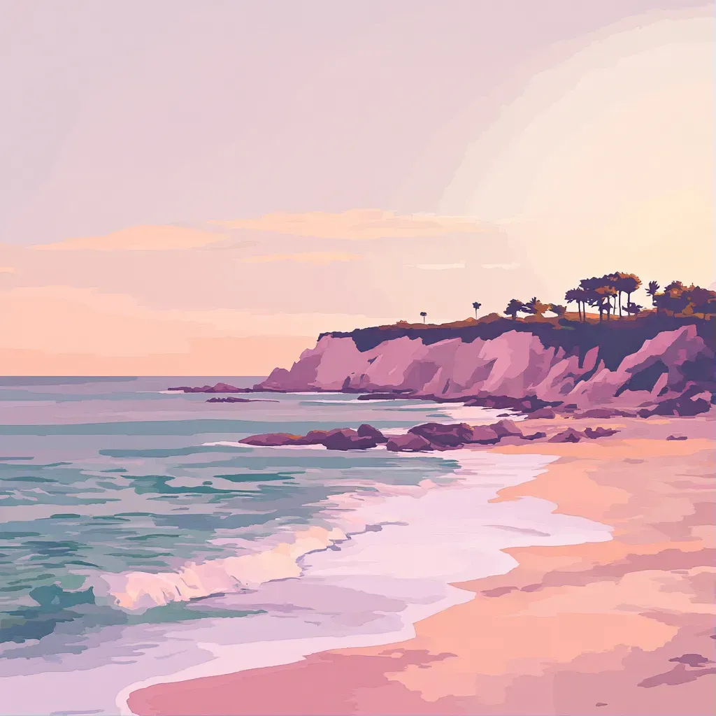 Low poly image of a tranquil beach scene in the early morning with soft pastel colors - Image 1