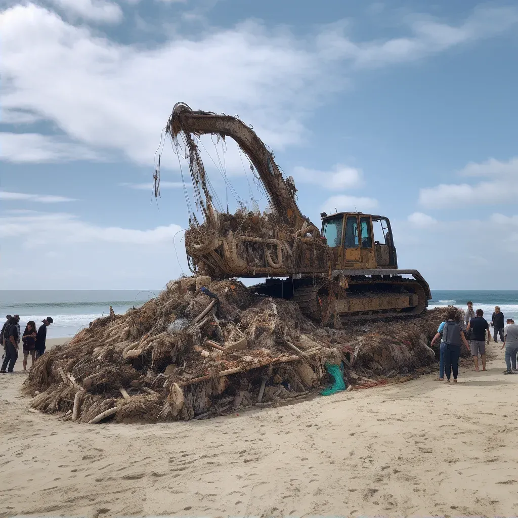 Beach art creation with rakes and natural materials for ocean pollution awareness - Image 2