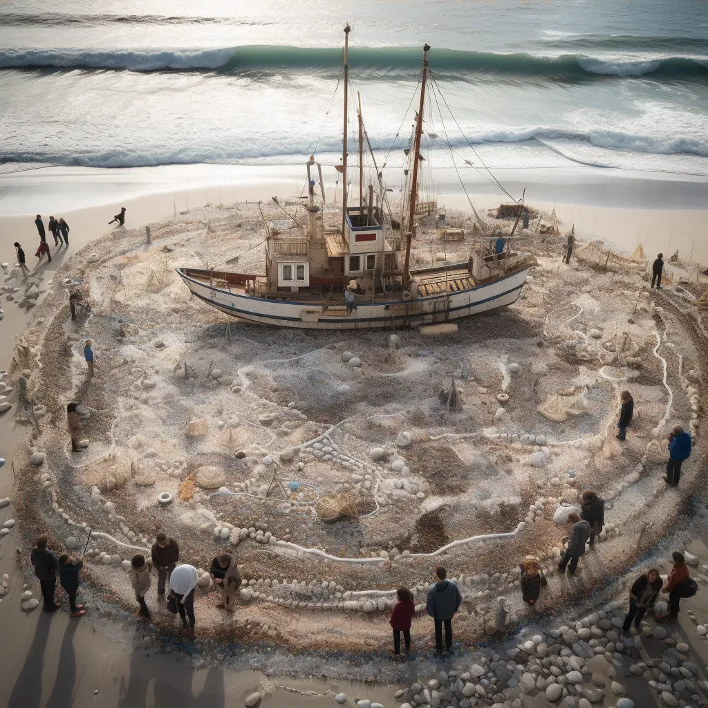 Beach art creation with rakes and natural materials for ocean pollution awareness - Image 3