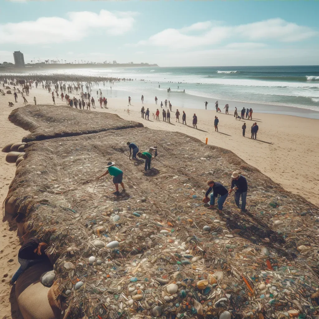 Beach art creation with rakes and natural materials for ocean pollution awareness - Image 4