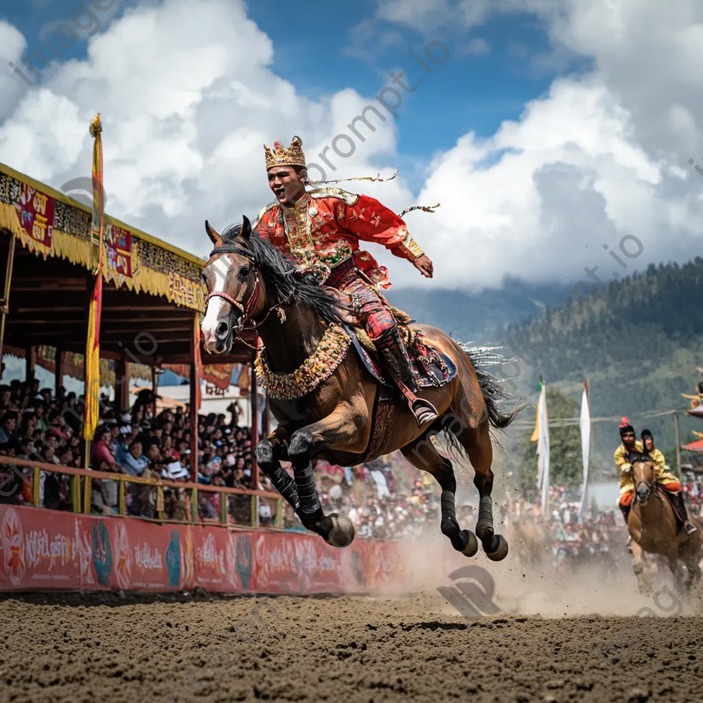 Riders competing in traditional attire at an outdoor arena. - Image 1