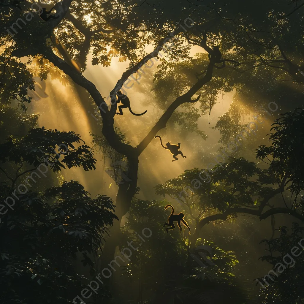 Jungle scene during golden hour with monkeys in treetops - Image 1