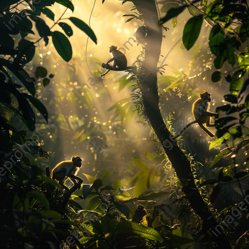 Jungle scene during golden hour with monkeys in treetops - Image 3