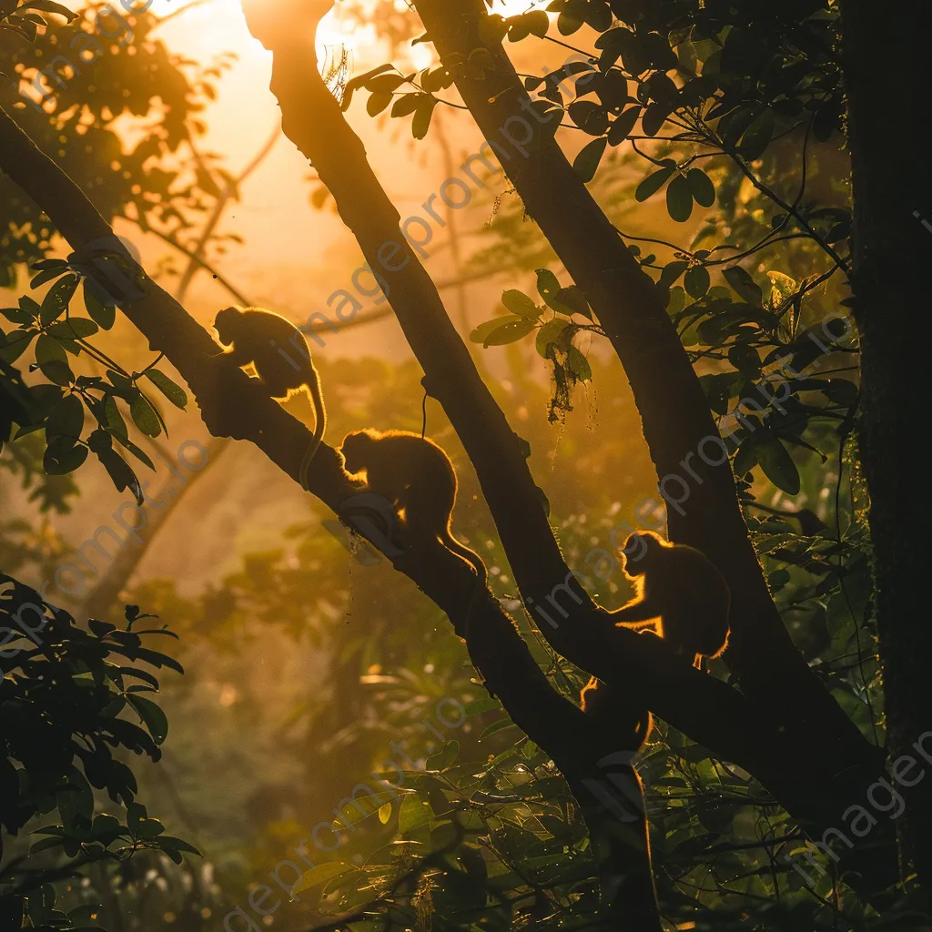 Jungle scene during golden hour with monkeys in treetops - Image 4