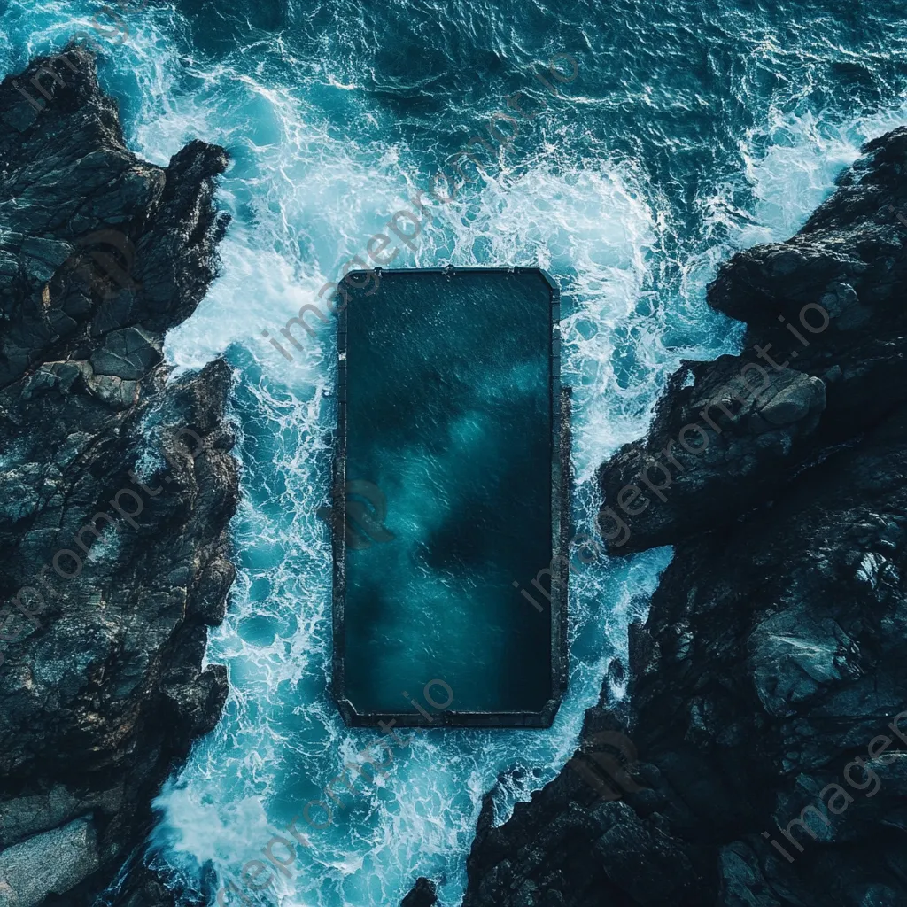 Aerial view of a solitary rock pool in stormy seas - Image 1