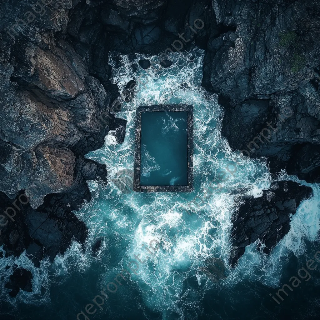 Aerial view of a solitary rock pool in stormy seas - Image 2