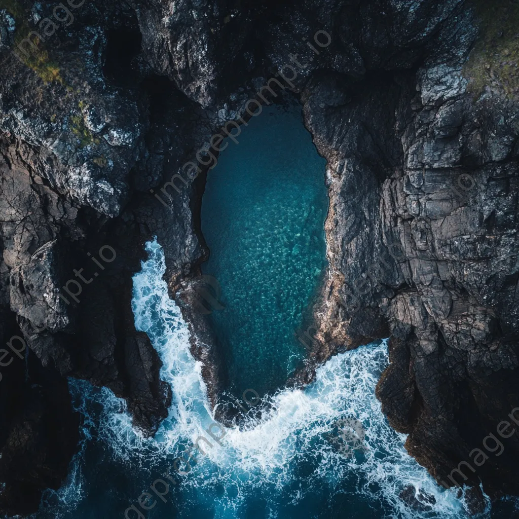 Aerial view of a solitary rock pool in stormy seas - Image 4