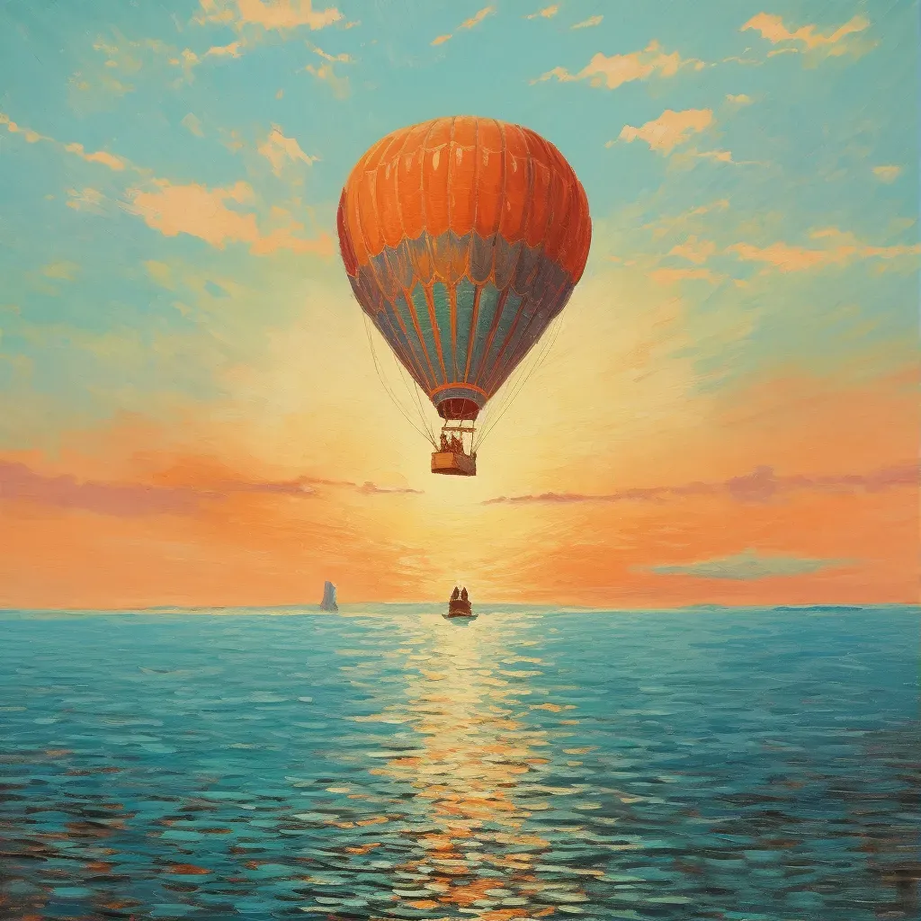 Image of a hot air balloon floating over a calm turquoise sea at sunrise - Image 1