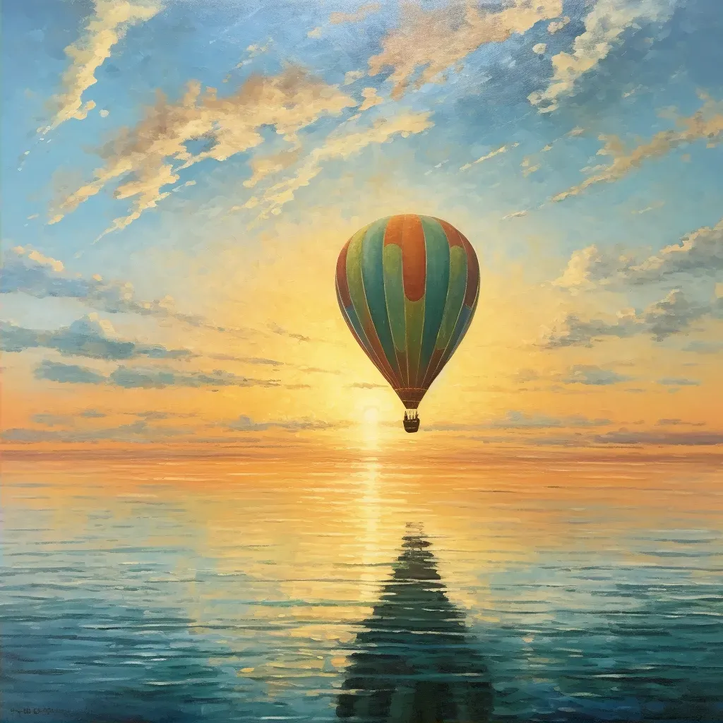 Image of a hot air balloon floating over a calm turquoise sea at sunrise - Image 2