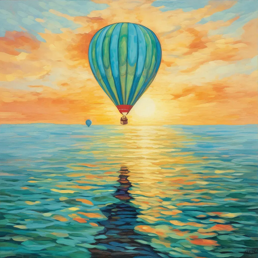 Image of a hot air balloon floating over a calm turquoise sea at sunrise - Image 3