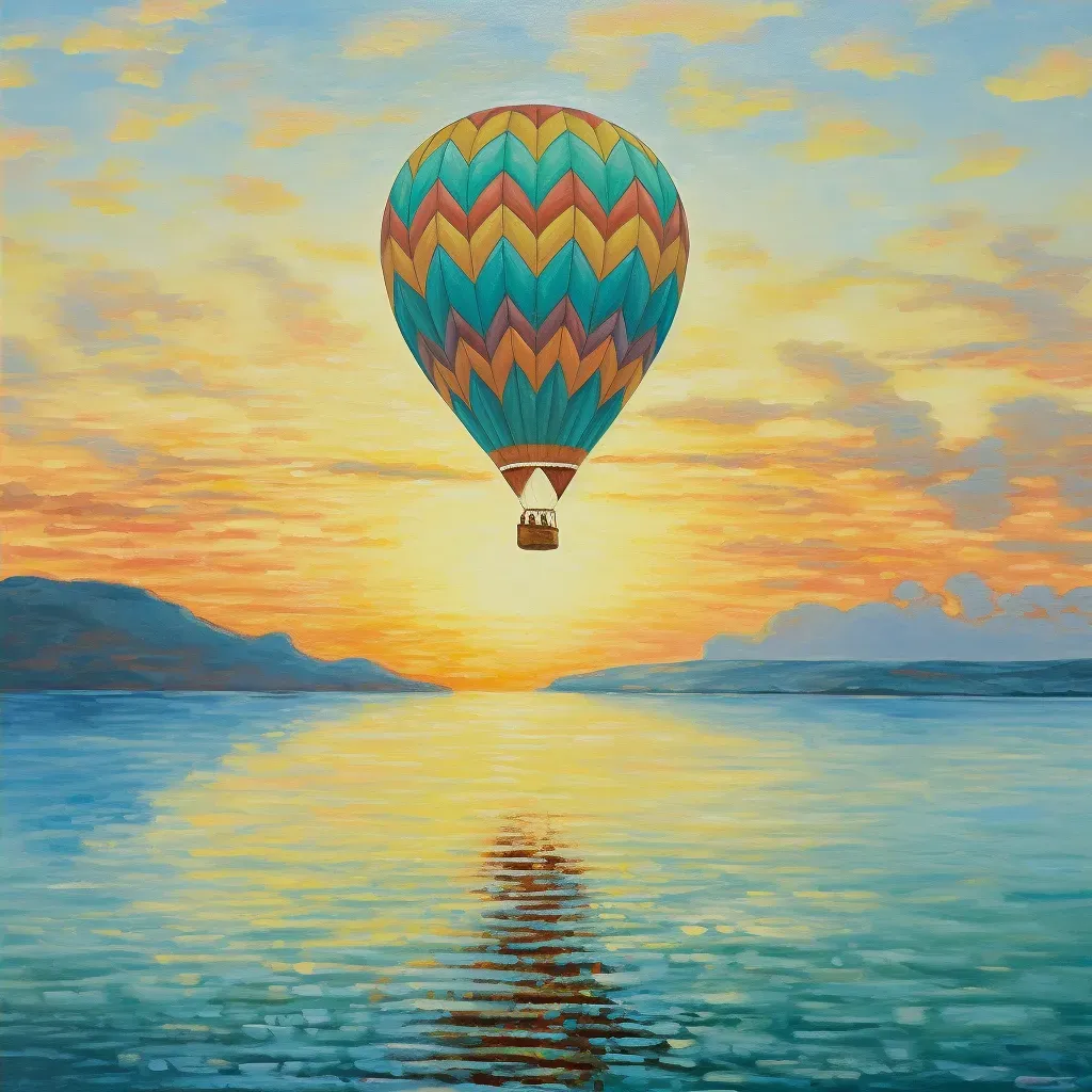 Image of a hot air balloon floating over a calm turquoise sea at sunrise - Image 4