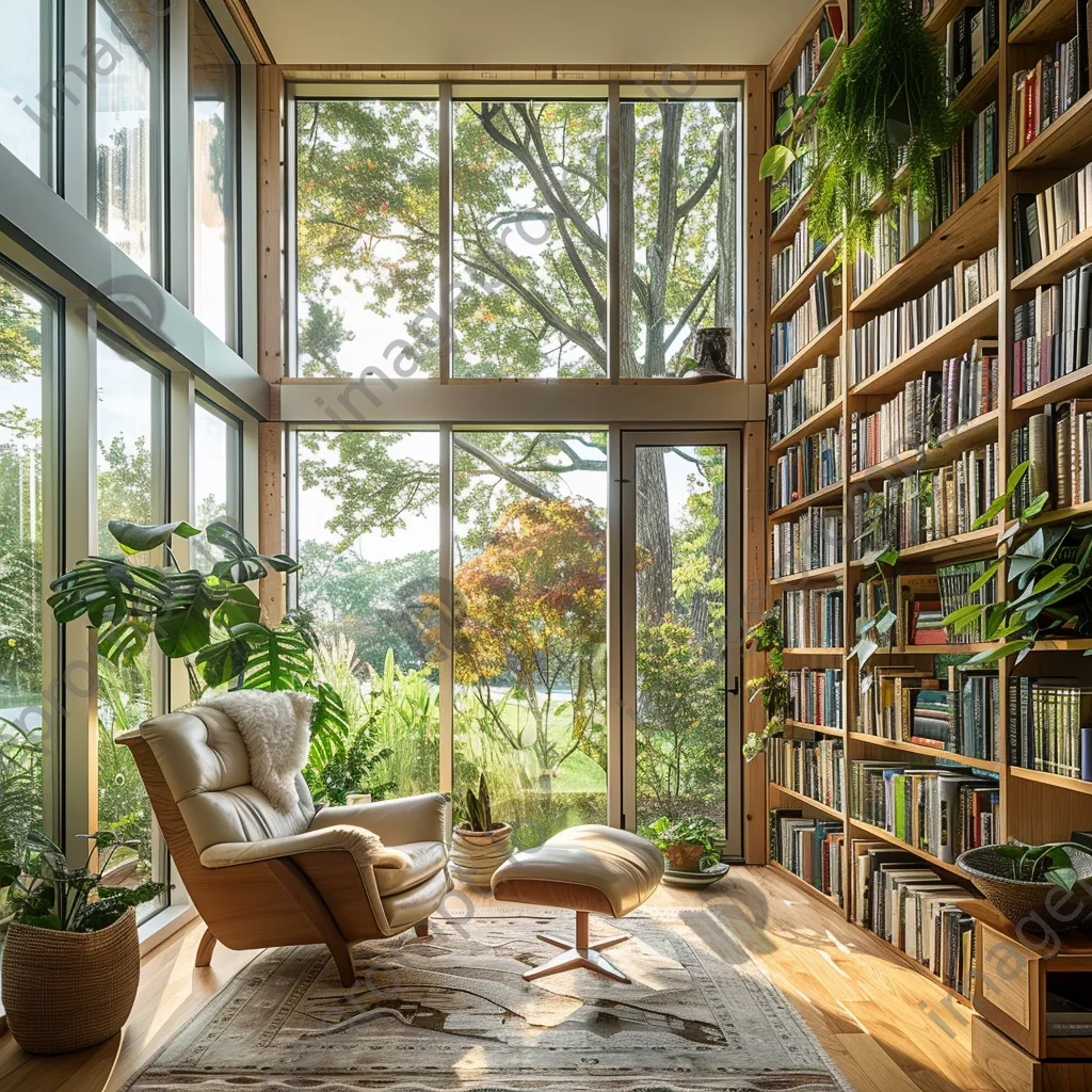 A sunny home library with floor-to-ceiling bookshelves and a reading chair. - Image 1