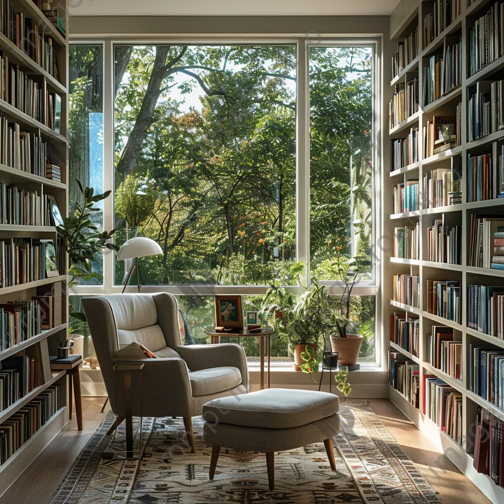 A sunny home library with floor-to-ceiling bookshelves and a reading chair. - Image 2